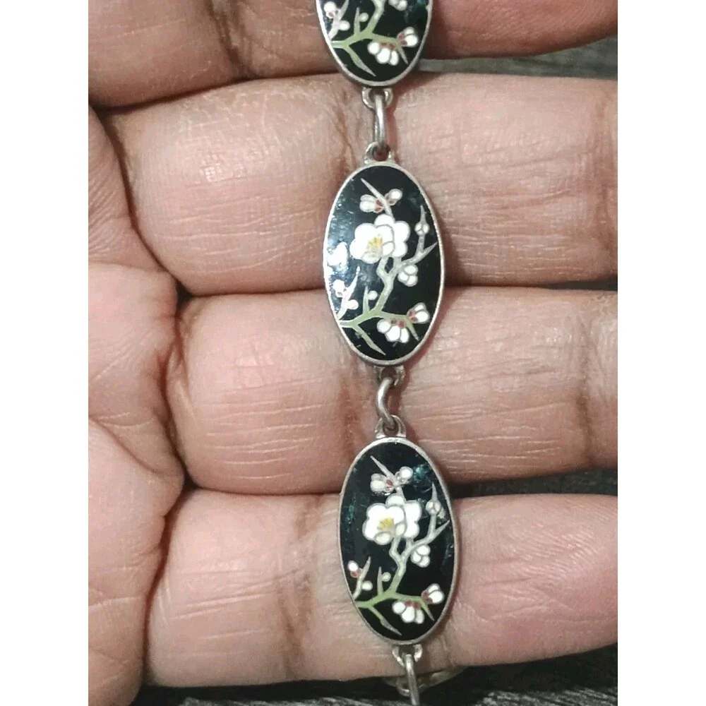 1950s Japanese Silver Enamel Panel Bracelet White Cherry Blossoms Fan Clasp